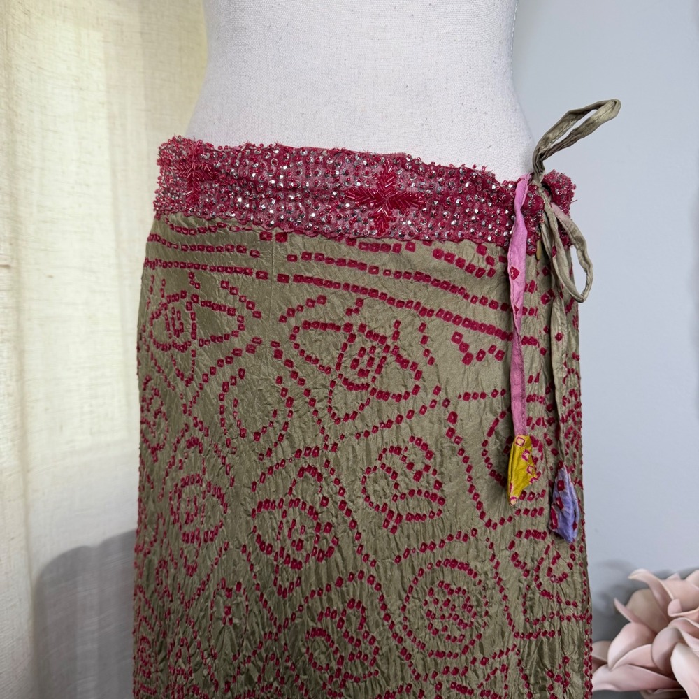 Vintage Funky People Maxi Skirt Silk Bandhani Crinkle Beaded Sequin Size Medium - Picture 4 of 12